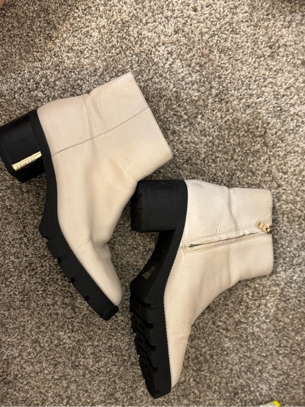 Coach Chrissy Cream Leather Ankle Boots with Black Lug Heel